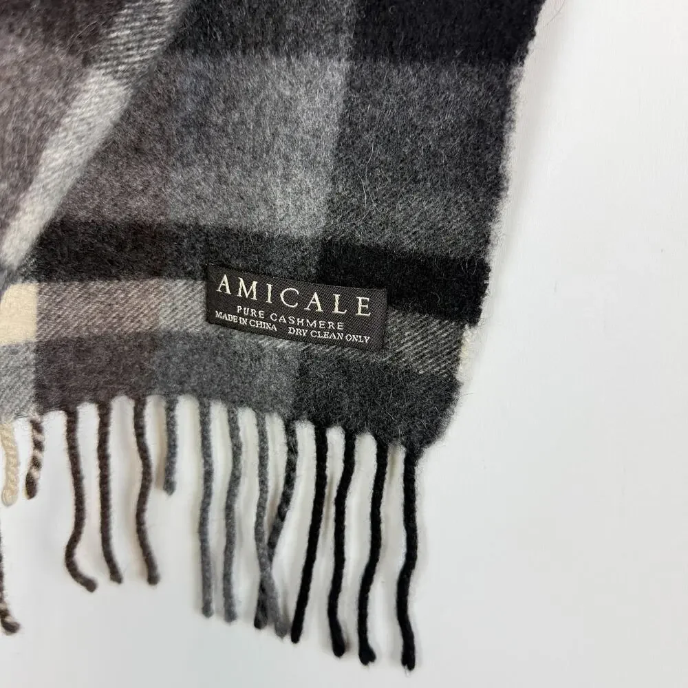 Amicale Pure Cashmere Plaid Fringe Scarf Gray Brown Black - OS